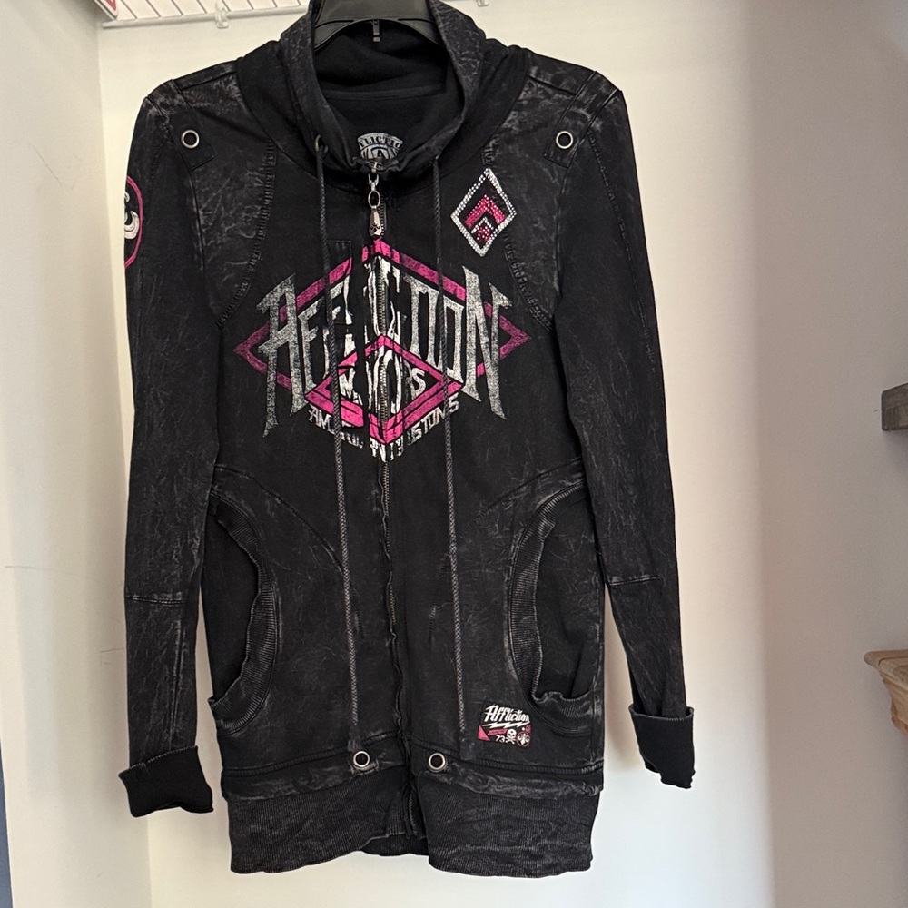 Affliction Black and Pink Zip-Up Hoodie